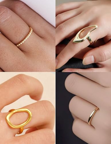 Fxiqini 12Pcs Gold Stackable Rings 18K Gold Plated Chunky Knuckle Finger Ring Geometric Bead Cloud Wave Flower Hollow Statement Bands Signet Open Rings for Women Adjustable Size 4-9 - color: A-Gold