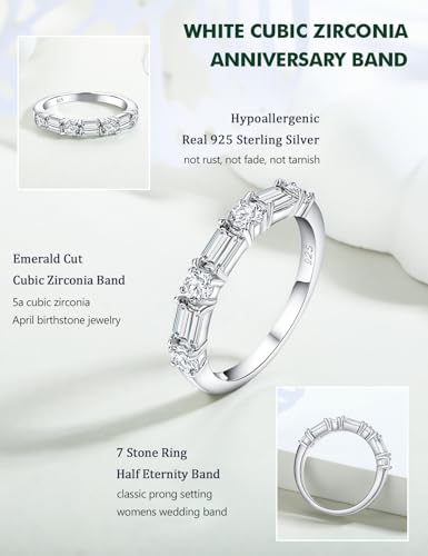 3.5mm Half Eternity Band Sterling Silver Rings for Women Sapphire/Ruby/Emerald and Cz Wedding Bands 7 Stone Stackable Birthstone Ring Anniversary Jewelry Size 6-10 - color: 04-CZ-Apr.