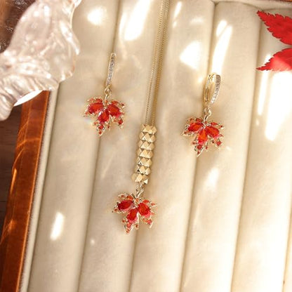 Gold Silver Stud Earrings Pendent Necklace Sets for Women, Dainty Rhinestone Crystal Necklace Earing Jewelry Set Wedding Accessories Fashion Holiday Gift - color: MapleLeaf