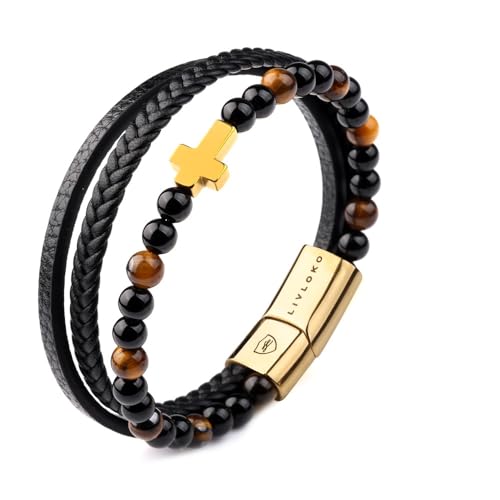 LONDON Mens Bracelet Leather Black Multi-Layer Stone Beads Adjustable Steel Clasp Viking Rope Bands Surfer Man Wristband Male UK Jewellery Gift box Boyfriend Dad Son Brother Tiger Eye - color: E. 19-22cm Black Brown Tiger-Eye Cross Adjustable, size: Large