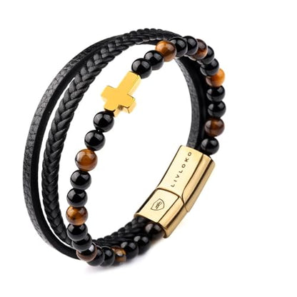LONDON Mens Bracelet Leather Black Multi-Layer Stone Beads Adjustable Steel Clasp Viking Rope Bands Surfer Man Wristband Male UK Jewellery Gift box Boyfriend Dad Son Brother Tiger Eye - color: E. 19-22cm Black Brown Tiger-Eye Cross Adjustable, size: Large