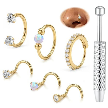Fansilver 18G/20G Nose Rings for Women Hypoallergenic Stainless Steel | Threaded Horseshoe Hoops & L/S Shaped Nose Studs with CZ Opal Dainty Lip Tragus Helix Nostril Piercing Jewelry Set