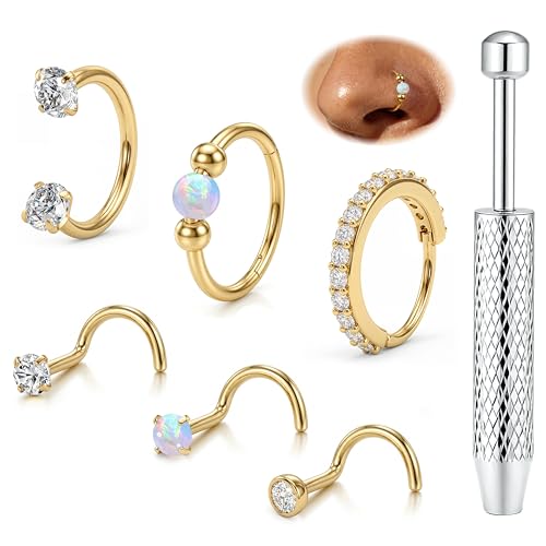 Fansilver 18G/20G Nose Rings for Women Hypoallergenic Stainless Steel | Threaded Horseshoe Hoops & L/S Shaped Nose Studs with CZ Opal Dainty Lip Tragus Helix Nostril Piercing Jewelry Set