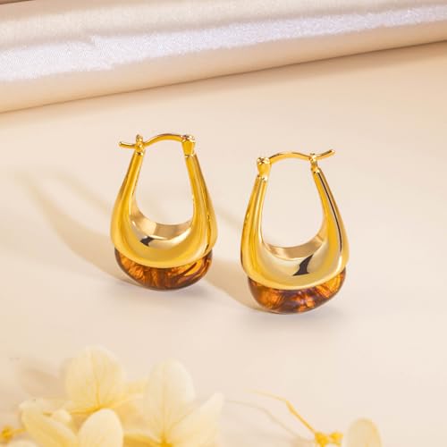 LAXPICOL Gold Chunky Dangle Earrings For Women Resin Stone Earrings Hoop Earrings, 18k Plated Oval Resin Stone Statement Earrings for Women Unique Dangling Teardrop Baroque Huggies Hoop Earrings - color: Brown-Teardrop 1