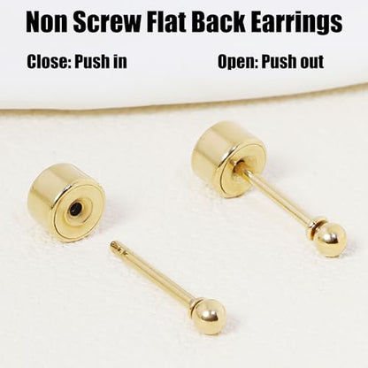 Sweetkiki Threadless Flat Back Earrings, 14K Gold Plated Ball Stud Earrings Hypoallergenic | Cartilage Earring | Helix Piercing Jewelry | Tragus Piercing Jewelry | Push in Flatback Earrings for Women Men - color: 14K Gold, size: 2 Millimeters