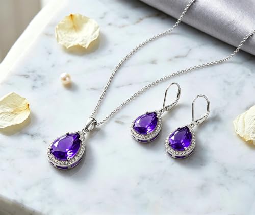 VONSSY Classic Oval Pendant Gemstone Necklace | Crystal Ruby Sapphire Waterdrop Birthstone Teardrop Emerald Necklace | 18K Platinum Gold Plated Chain | Jewelry Gift for Mother Wife Girlfriend - color: NL & ER - Purple