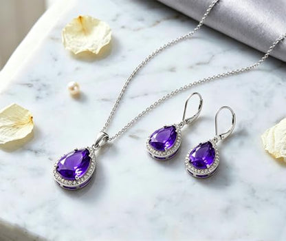 VONSSY Classic Oval Pendant Gemstone Necklace | Crystal Ruby Sapphire Waterdrop Birthstone Teardrop Emerald Necklace | 18K Platinum Gold Plated Chain | Jewelry Gift for Mother Wife Girlfriend - color: NL & ER - Purple