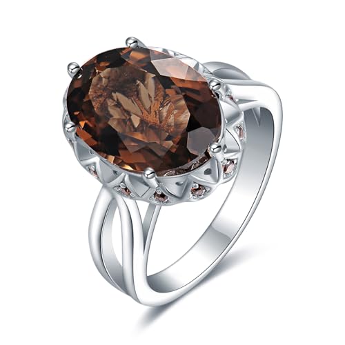 JewelryPalace Huge Oval Shape 5.7ct Genuine Smoky Quartz Cocktail Rings for Her, 14K White Yellow Rose Gold Plated 925 Sterling Silver Ring for Women, Natural Gemstone Jewelry Sets Rings - color: 1-Brass