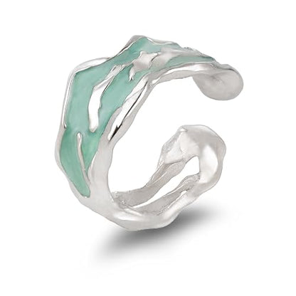 925 Sterling Silver Ear Cuffs Hypoallergenic Molten Texture Green Enamel Non Pierced Clip On Cartilage Wrap Adjustable Minimalist Statement Jewelry for Women