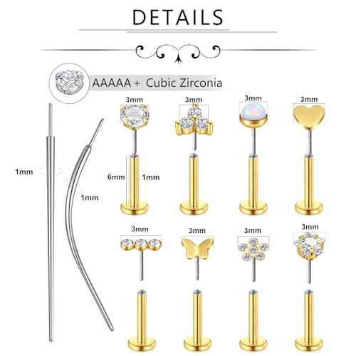 Zolure 18G/20G Flat Back Earrings Stud Threadless Nose Studs Surgical Steel Push in Earrings Tragus Cartilage Labret Helix Lip Conch Medusa Piercing Jewelry - color: 18G Gold #4