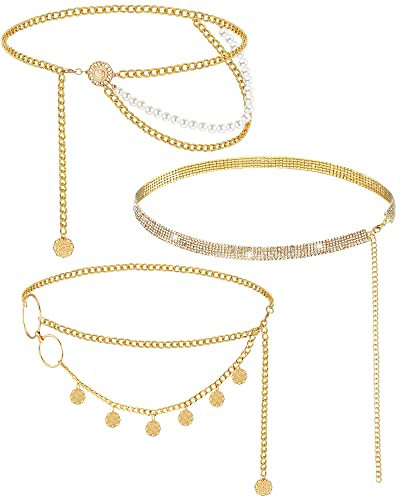 Hicarer 3 Pcs Waist Chain for Body Multi Layer Chain Belts for Women Girls Summer Beach Jewelry Halloween Adjustable - color: Gold, style: Elegant Style