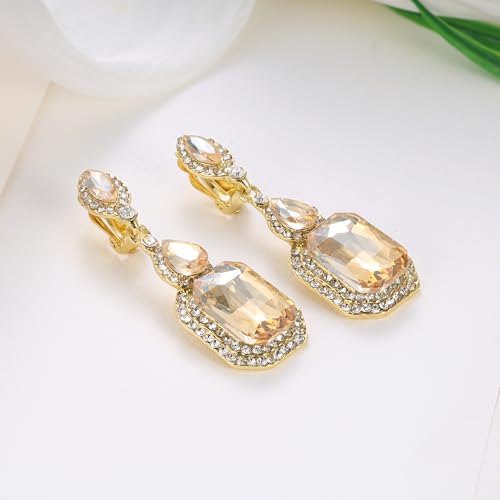 Women's Wedding Bridal Crystal Emerald Cut Infinity Figure 8 Chandelier Clip-On Dangle Earrings - color: Yellow Gold-Tone