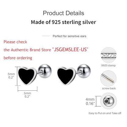 JSGEMSLEE Hypoallergenic 925 Sterling Silver Stud Earrings for Women With Screw Back Small Butterfly Heart Flower Earrings for Girls Tragus Cartilage Jewelry Gifts - color: Black Heart