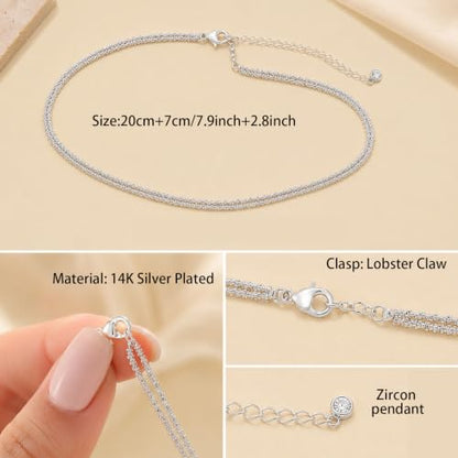 phnydreg 1 Pc Silver Plated Ankle Bracelet with Extension for Women | Double Layered Ankle Bracelet,Foot jewelry