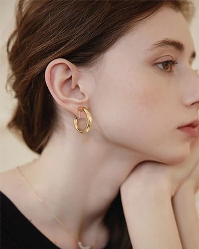 WOWORAMA Chunky Gold Hoop Clip On Earrings for Women | Large Chunky Hoops Clips Earrings, Polished Gold-Plated Clip-On Hoops, Statement Non Pierced Jewelry - color: 30mm Round Hoops