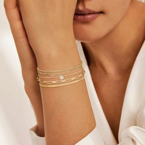 Bracelets for Women, Dainty Stackable Bracelet Stack Sets Tiny Box Chain Adjustable Bracelets Minimalist Cute Jewelry Paperclip Link Layered Waterproof Jewelry Sets Gifts - style: 5-PIECE IMITATION-ZIRCON