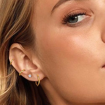 Incaton 18G Threadless Flat Back Stud Earrings For Women Men, 316L Surgical Steel Hypoallergenic Push in Nose Studs CZ Nose Nostril Tragus Helix Labret Studs Lip Rings Piercing Jewelry - color: 3 HOOP + 4 STUD GOLD
