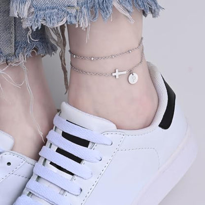 Gold Cross Ankle Bracelets for Women | Anklets for Women Waterproof with Initial Charm (A-Z) | Non Tarnish Summer Beach Jewelry Gifts for Her - color: Silver P