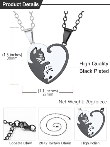 U7 Cat Pendant Necklace for Women Stainless Steel Cute Kitty Cat Jewelry Gift - style: 03-Heart Cat Set-Steel+Black