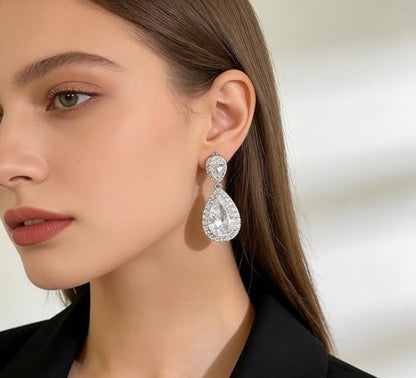 Elegant Rhinestone Statement Earrings Sparkly Cluster Crystal Drop Dangle Earrings Teardrop Chandelier Earrings Wedding Bridal Prom Earrings for Women - color: B:silver