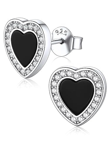 ChicSilver 925 Sterling Silver Viking Rune Natural Black Onyx Stud Earrings For Women Men - style: F: Heart Onyx-Black