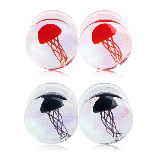 Stuppendux 4 Style 2Set Color Ocean Jellyfish Glass Double Flared Ear Plugs Tunnels Expander Stretching Kit Gauge 0g-5/8 8-16mm - color: Transparent Jellyfish 12MM