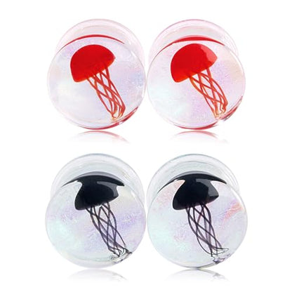 Stuppendux 4 Style 2Set Color Ocean Jellyfish Glass Double Flared Ear Plugs Tunnels Expander Stretching Kit Gauge 0g-5/8 8-16mm - color: Transparent Jellyfish 12MM