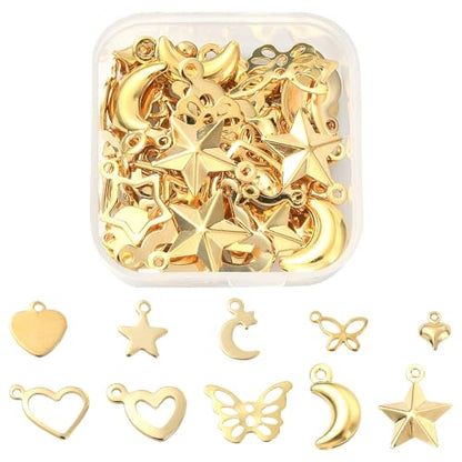 8-64Pcs Silver Goldern Color Heart Pendants Charms 10 Styles Heart Stainless Steel Metal Charms for Jewelry Making Crafting Necklaces Bracelets Earrings Keychains Birthday Gift - color: GoldenA-60 pcs
