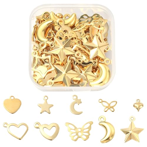 8-64Pcs Silver Goldern Color Heart Pendants Charms 10 Styles Heart Stainless Steel Metal Charms for Jewelry Making Crafting Necklaces Bracelets Earrings Keychains Birthday Gift - color: GoldenA-60 pcs