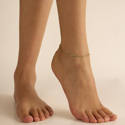 18K Gold Plated Boho Beaded Anklets for Women Dainty Gold Layered Round Ball Ankle Bracelet Pearl Cross Anklet Bracelet Waterproof Gold Jewelry - color: Green Beads-Gold