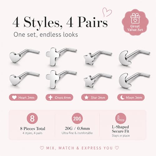 20G Nose Rings for Women, L Shaped Nostril Piercing Studs | 316L Stainless Steel, 0.8 mm×7 mm, 2 mm CZ or 3-4 mm Heart, Star, Moon and Cross, Gold-Tone or Silver-tone, Daily Wear - style: Silver Style B