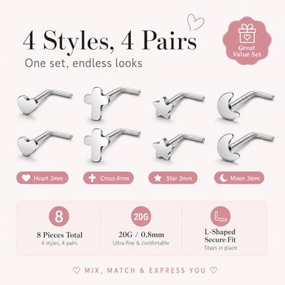 20G Nose Rings for Women, L Shaped Nostril Piercing Studs | 316L Stainless Steel, 0.8 mm×7 mm, 2 mm CZ or 3-4 mm Heart, Star, Moon and Cross, Gold-Tone or Silver-tone, Daily Wear - style: Silver Style B
