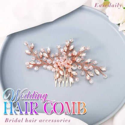 Rhinestone Hair Comb Wedding Hair Accessory for Women | Silver Bride Hair Clip Crystal Bridal Hair Piece Accessories - color: C-rose gold