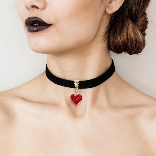 Qceasiy Gothic Black Necklace for Women, Adjustable Victorian Velvet Lace Collar, Halloween Party Cosplay Jewelry Gift - style: Red Heart