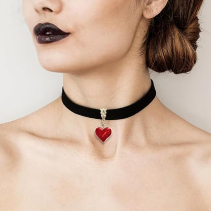 Qceasiy Gothic Black Necklace for Women, Adjustable Victorian Velvet Lace Collar, Halloween Party Cosplay Jewelry Gift - style: Red Heart