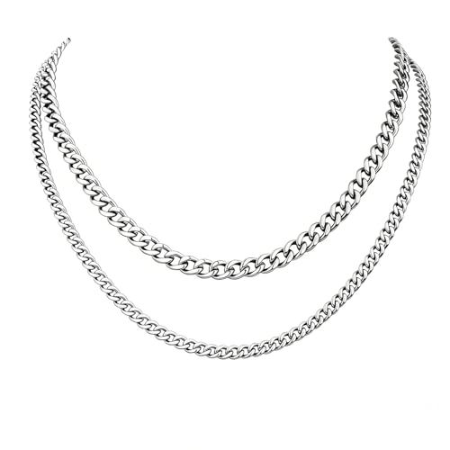 2PCS Cuban Link Chain Set for Men - Gold/Silver Plated Stainless Steel Layered Chain Necklace Non-Tarnish Jewelry Gift - color: Silver, size: 18inch+20inch