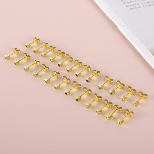 12 Pairs Surgical Stainless Steel Cubic Zirconia Birthstone Stud Earrings Heart Star Round Multicolors Stud Earrings Set for Women - style: Gold star 4mm