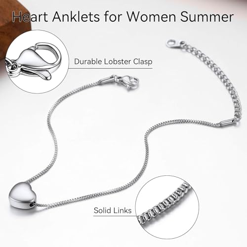 ChainsHouse Ankle Bracelets for Women, Stainless Steel Beaded Chain Ankle Bracelet, Womens Heart Anklets for Summer Beach Jewelry Gifts - color: S: heart-stainless