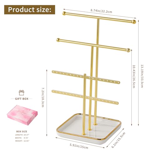 modern T-shaped jewelry rack, jewelry tower, gold metal, square ceramic base decoration display tower, necklace, bracelet, ring storage rack (3-layer ceramic disc) - style: 3-layer ceramic disc