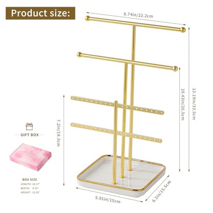 modern T-shaped jewelry rack, jewelry tower, gold metal, square ceramic base decoration display tower, necklace, bracelet, ring storage rack (3-layer ceramic disc) - style: 3-layer ceramic disc