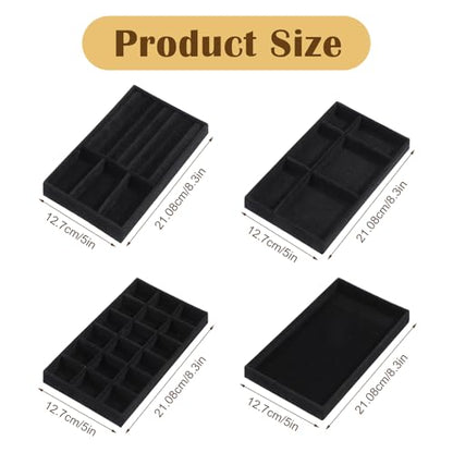 8 Pack 4 Styles Velvet Jewelry Tray, 8" x 5" Jewelry Organizer Tray Stackable Jewelry Storage Tray, Drawer Jewelry Tray for Rings, Earrings, Necklace, Bracelet, Black