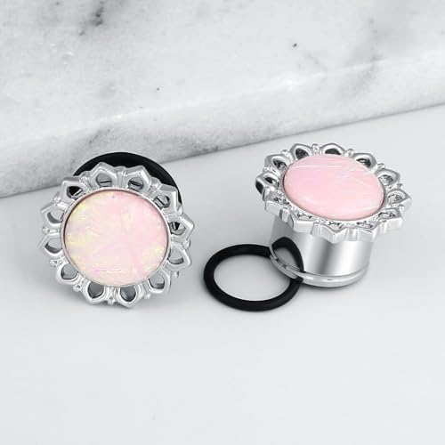Ear Tunnels Gauges, 2PCS Stainless Steel Tunnel Set Single Flared Pink Solid Opal Flower Ear Gauges 00G Ear Piercing Jewelry - size: 9/16 inch(14mm)