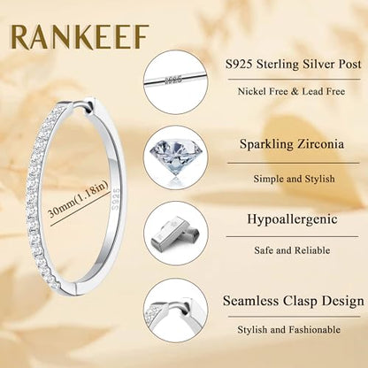 RANKEEF Gold/Silver Hoops Earrings For Women Hypoallergenic | S925 Silver Hoop Earings Lightweight Gold Hoops Gold Rhinestone Earring With Cubic Zirconia 20/30/40mm - color: Silver-30mm