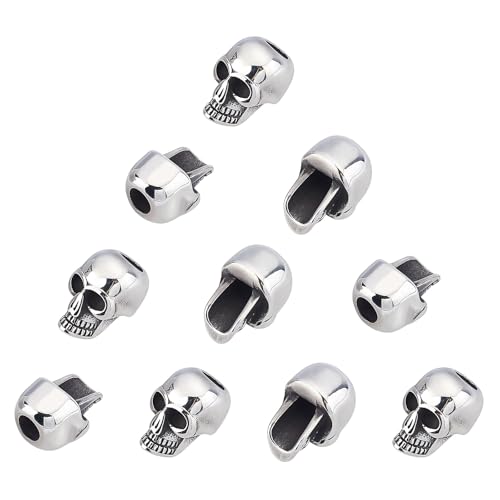 Elecrelive 10Pcs Halloween Skull Beads Skeleton Skull Head Stainless Steel Large Hole Beads for Gothic Necklace Bracelets Earrings Jewelry Making - color: Matte Silver