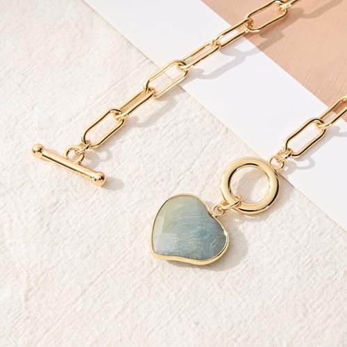 14K Gold Plated Two Sides Carved Stone Heart Shape Necklace for Women Love Pendant Necklace Jewelry for Daily and Gifts - color: Amazonite