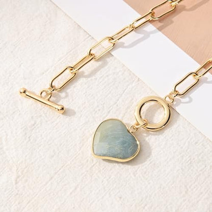 14K Gold Plated Two Sides Carved Stone Heart Shape Necklace for Women Love Pendant Necklace Jewelry for Daily and Gifts - color: Amazonite
