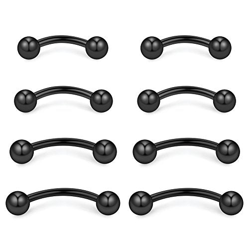 4prs(8pcs) Eyebrow Piercing Jewelry Curved Barbell with Ball Kit Eyebrow Tragus Lip Ring 16g 16 gauge 6mm/8mm/10mm/12mm - color: Black