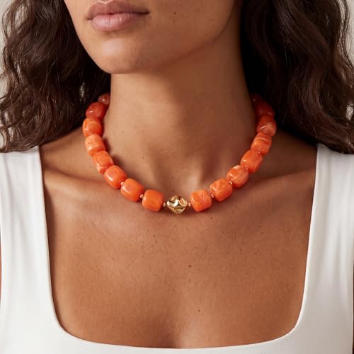 Beaded Necklaces for Women Boho Chunky Necklace Statement Big Resin Bead Choker Fashion Summer Beach Jewelry - color: Orange
