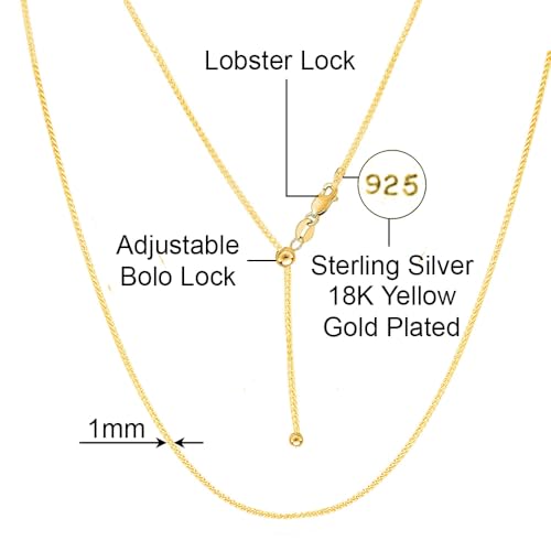 Savlano 925 Sterling Silver 1MM Curb Chain Necklace - 18K Gold Plated Adjustable Bolo 14-24 Inch Link Chain for Women Comes with a Gift Box - Made in Italy - color: Silver Yellow Gold Plated