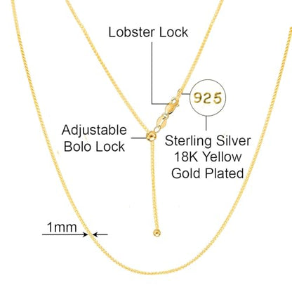 Savlano 925 Sterling Silver 1MM Curb Chain Necklace - 18K Gold Plated Adjustable Bolo 14-24 Inch Link Chain for Women Comes with a Gift Box - Made in Italy - color: Silver Yellow Gold Plated